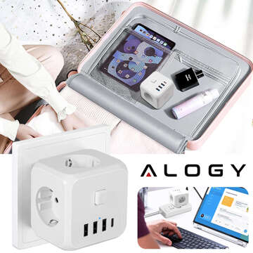 Sieťový rozbočovač rozbočovač Nabíjací adaptér zlodej 3 zásuvky EU 3x USB USB-C C 7v1 Alogy Biela