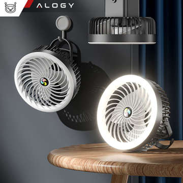 Stolný ventilátor s LED svetlom 2v1 Alogy prenosný závesný stojaci bezdrôtový závesný vonkajší mini ventilátor s háčikom držiak čierny