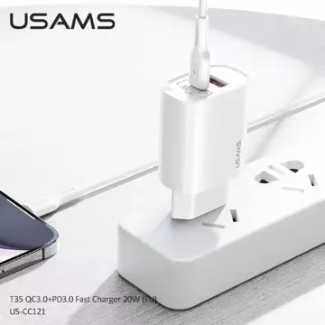 USAMS Nástenná nabíjačka 1x USB-C 1x USB T35 20W (iba hlava) PD3.0 QC3.0 Fast Charging biela/biela CC121TC01 (US-CC121)