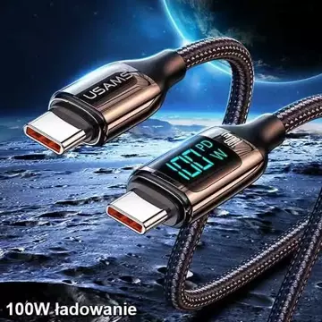USAMS Pletený kábel U78 USB-C na USB-C LED 3m 100W Rýchly čierny/čierny SJ559USB01 (US Charging-SJ559)
