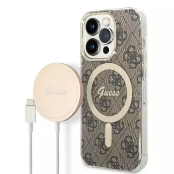 Zestaw Guess GUBPP14XH4EACSW nabíjačka puzdra iPhone 14 Pro Max 6,7" brązowy/hnedé pevné puzdro 4G Print MagSafe