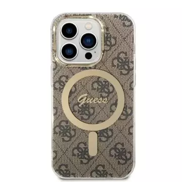 Zestaw Guess GUBPP14XH4EACSW nabíjačka puzdra iPhone 14 Pro Max 6,7" brązowy/hnedé pevné puzdro 4G Print MagSafe