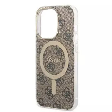 Zestaw Guess GUBPP14XH4EACSW nabíjačka puzdra iPhone 14 Pro Max 6,7" brązowy/hnedé pevné puzdro 4G Print MagSafe