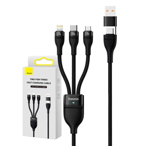 Кабель USB 3w1 Baseus Flash Series 2, USB-C micro USB Lightning, 100W, 1.2m (чорний)