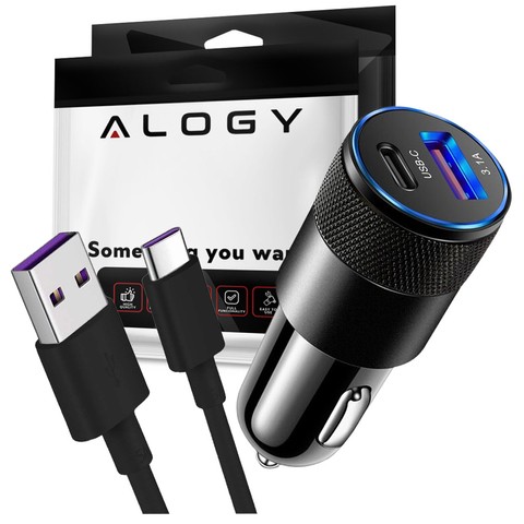 Автомобільний зарядний пристрій Alogy для автомобіля USB-C Type C USB 3.1A Black USB-A to USB-C кабель