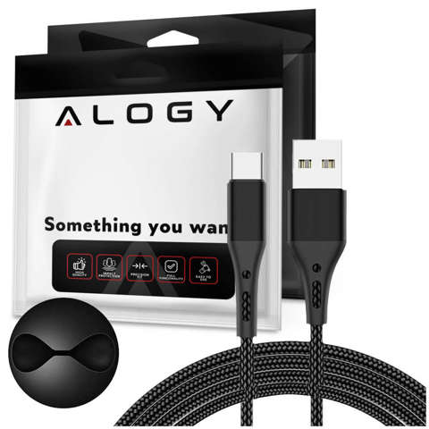 Чорний органайзер Alogy Cable USB-A – USB-C Type C 3A 2m