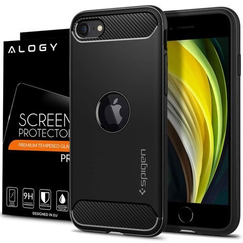 Чохол Spigen Rugged Armor для Apple iPhone SE 2022/2020 Matte Black Alogy glass