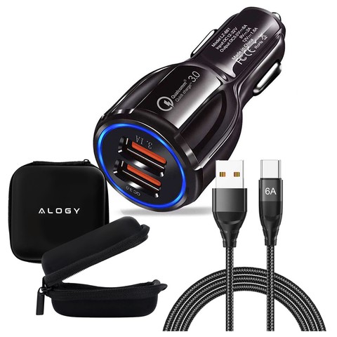 Швидкий автомобільний зарядний пристрій Alogy 2x USB 3.1A QC 3.0 18W, кабель 6A, футляр 1 м