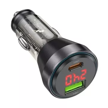 Автомобільна зарядка HOCO USB A Type C з дисплеєм Type C кабель для Lightning PD QC3.0 3A 48W NZ12B прозорий чорний