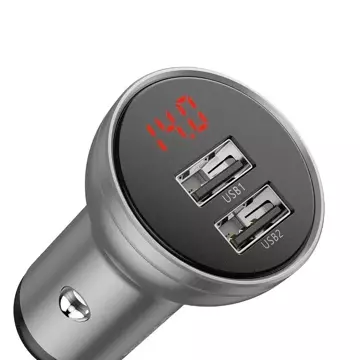 Автомобільний зарядний пристрій Baseus з дисплеєм, 2x USB, 4.8A, 24W (срібний)