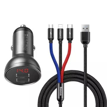 Автомобільний зарядний пристрій Baseus 2x USB 4.8A 24W with LCD cable 3in1 USB - USB Type C / micro USB / Lightning 1.2m black (TZCCBX-0G)