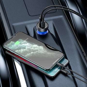 Автомобільний зарядний пристрій Baseus Particular Digital Display з дисплеєм, USB USB-C, QC3.0 PD, 5A, 65 Вт (сірий) Кабель USB-C 1 м 100 Вт (чорний)