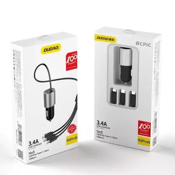 Автомобільний зарядний пристрій Dudao 3в1 USB 3.4 A вбудований Lightning / USB Type C / micro USB кабель чорний (R5ProN чорний)