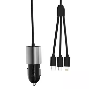 Автомобільний зарядний пристрій Dudao 3в1 USB 3.4 A вбудований Lightning / USB Type C / micro USB кабель чорний (R5ProN чорний)