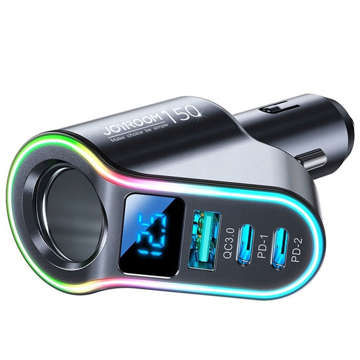 Автомобільний зарядний пристрій USB QC 3.0 2x USB-C PD 150W спліттер JoyRoom Car Charger 4in1 RGB LED чорний