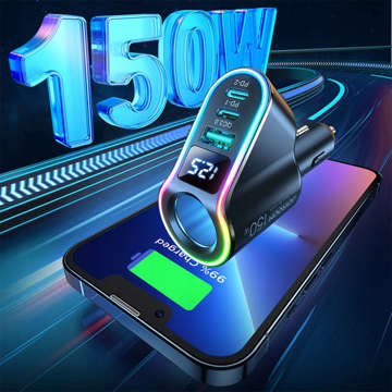 Автомобільний зарядний пристрій USB QC 3.0 2x USB-C PD 150W спліттер JoyRoom Car Charger 4in1 RGB LED чорний