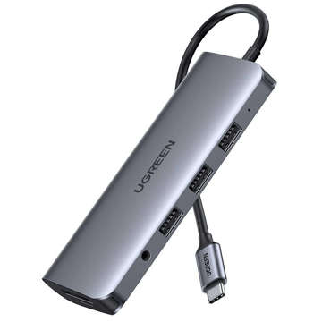 Адаптер 10w1 UGREEN HUB USB-C до HDMI 4K, 3x USB 3.0, Typ-C PD, RJ45, SD, Micro SD, VGA, AUX (szary)