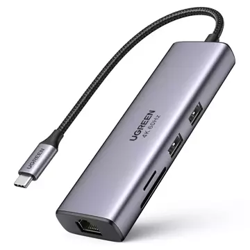 Багатофункціональний концентратор UGREEN 7in1 USB Type C - 2x USB 3.2 Gen 1 / HDMI 4K 60Hz / SD і TF картрідер / USB Type C PD 100W / RJ45 1000Mbps (1Gbps) сірий (60515 CM512)