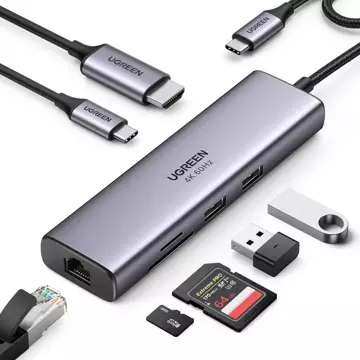 Багатофункціональний концентратор UGREEN 7in1 USB Type C - 2x USB 3.2 Gen 1 / HDMI 4K 60Hz / SD і TF картрідер / USB Type C PD 100W / RJ45 1000Mbps (1Gbps) сірий (60515 CM512)