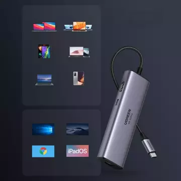 Багатофункціональний концентратор UGREEN 7in1 USB Type C - 2x USB 3.2 Gen 1 / HDMI 4K 60Hz / SD і TF картрідер / USB Type C PD 100W / RJ45 1000Mbps (1Gbps) сірий (60515 CM512)