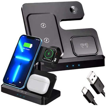 Бездротовий індуктивний зарядний пристрій Qi QC 3.0 3in1 Fast для Apple iPhone Airpods Watch Charging Station 15W чорний