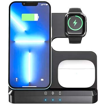 Бездротовий індуктивний зарядний пристрій Qi QC 3.0 3in1 Fast для Apple iPhone Airpods Watch Charging Station 15W чорний