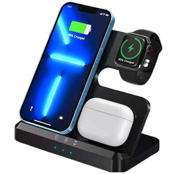 Бездротовий індуктивний зарядний пристрій Qi QC 3.0 3in1 Fast для Apple iPhone Airpods Watch Charging Station 15W чорний