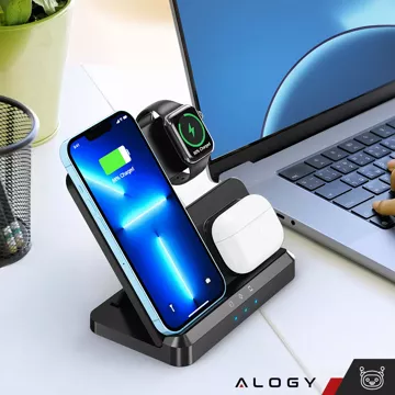 Бездротовий індуктивний зарядний пристрій Qi QC 3.0 3in1 Fast для Apple iPhone Airpods Watch Charging Station 15W чорний