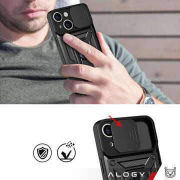 Броньований чохол для iPhone 15 Camshield Case Ring Alogy Stand with slide camera cover black Glass