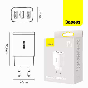 Зарядний пристрій Baseus Compact 3x USB 17W білий (CCXJ020102)