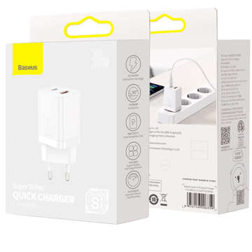 Зарядний пристрій Baseus Super Si Pro Quick Charger USB USB-C QC 3.0 PD 30W White настінний зарядний пристрій