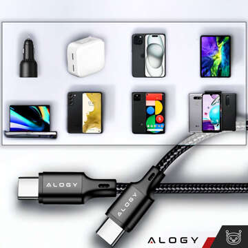 Кабель USB-C Type C міцний швидкий 60W PD 1M для iPhone 15/Pro/Max нейлоновий кабель Alogy Black