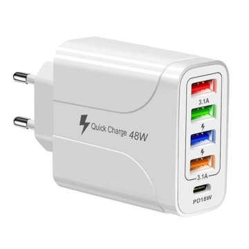 Настінний зарядний пристрій 48W Fast Charger 4x USB 1x USB-C QC 3.0 Power Delivery PD 18W білий