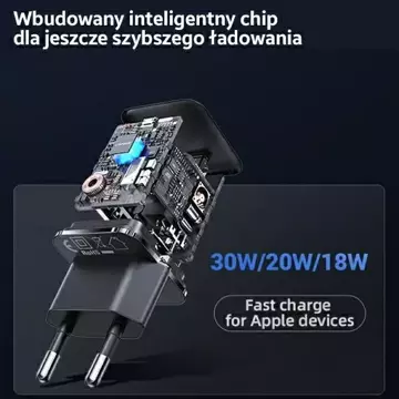 Настінний зарядний пристрій USAMS 1x USB-C T45 30W PD3.0 Кабель для швидкого заряджання U63 USB-C/Lightning black/black UXTZH01 (USAMS-UX)