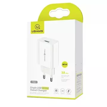 Настінний зарядний пристрій USAMS 1x USB T22 18W 3A QC3.0 Кабель USB-C 1 м білий/білий (T48) T48OCLN01