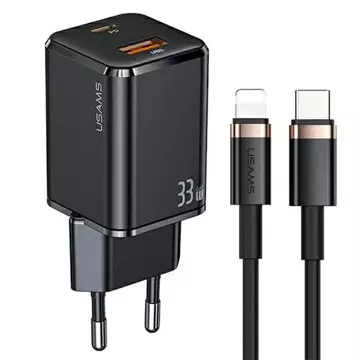 Настінний зарядний пристрій USAMS 1xUSB-C 1xUSB T43 33W PD3.0 QC3.0 кабель U63 USB-C до блискавичного чорного/чорного USKTZ01