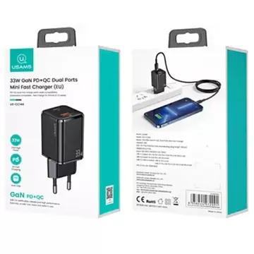 Настінний зарядний пристрій USAMS 1xUSB-C 1xUSB T43 33W PD3.0 QC3.0 кабель U63 USB-C до блискавичного чорного/чорного USKTZ01