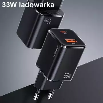 Настінний зарядний пристрій USAMS 1xUSB-C 1xUSB T43 33W PD3.0 QC3.0 кабель U63 USB-C до блискавичного чорного/чорного USKTZ01