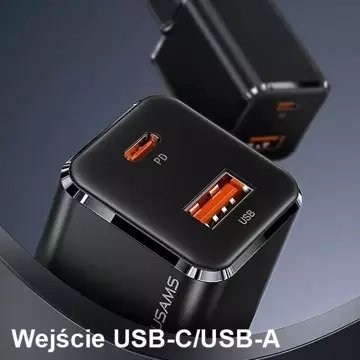 Настінний зарядний пристрій USAMS 1xUSB-C 1xUSB T43 33W PD3.0 QC3.0 кабель U63 USB-C до блискавичного чорного/чорного USKTZ01