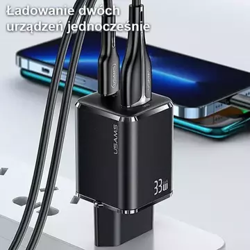 Настінний зарядний пристрій USAMS 1xUSB-C 1xUSB T43 33W PD3.0 QC3.0 кабель U63 USB-C до блискавичного чорного/чорного USKTZ01