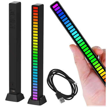 Світлодіодна лампа RGB Світлодіодна лампа USB, що блимає в ритмі музики Smart Bar 18 см, барвиста, 32 біт, Gaming Alogy Black