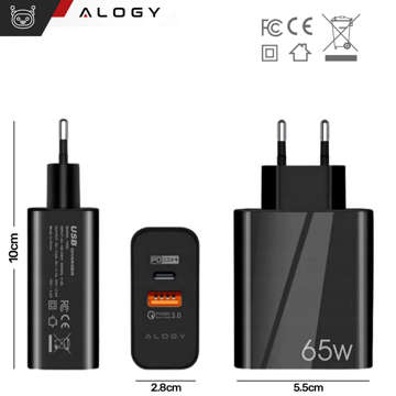 Швидкий зарядний пристрій Alogy Quick Charge QC 3.0 USB-A USB-C PD 65W чорний