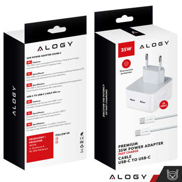 Швидкий настінний зарядний пристрій 35 Вт 2x USB-C USB type C PD для iPhone Type-C кабель 1 м Alogy White