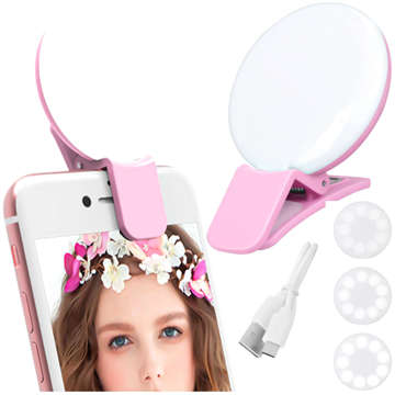 Alogy Mini Selfie Ring LED Light Clip for Phone Clip Recording Pink