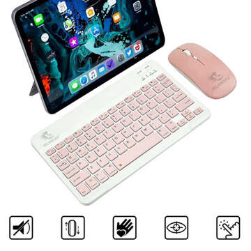 Keyboard Mouse Set Wireless Mouse for Laptop PC Bluetooth AN-030 Silent Slim Pink and White