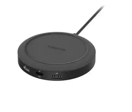 Mophie Universal Wireless Charging Hub - зарядний пристрій для чотирьох пристроїв, бездротова зарядка 10 Вт, додаткові 3 порти - USB A 12 Вт, USB A 18 Вт, USB C 20 Вт (чорний)