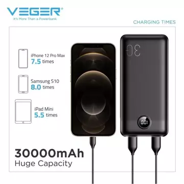 Powerbank Зовнішній акумулятор VEGER L30 - 30 000mAh LCD Quick Charge PD 20W чорний (W3008PD)