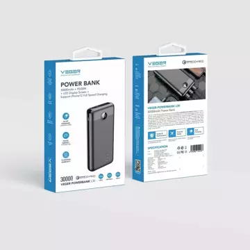 Powerbank Зовнішній акумулятор VEGER L30 - 30 000mAh LCD Quick Charge PD 20W чорний (W3008PD)