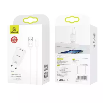 USAMS Настінний зарядний пристрій 1x USB T21 Lightning white/white 2.1A Fast Charging T21OCLN01