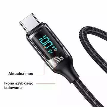 USAMS Плетений кабель U78 USB-C до USB-C LED 2 м 100 Вт Швидкий чорний/чорний SJ558USB01 (US Charging-SJ558)